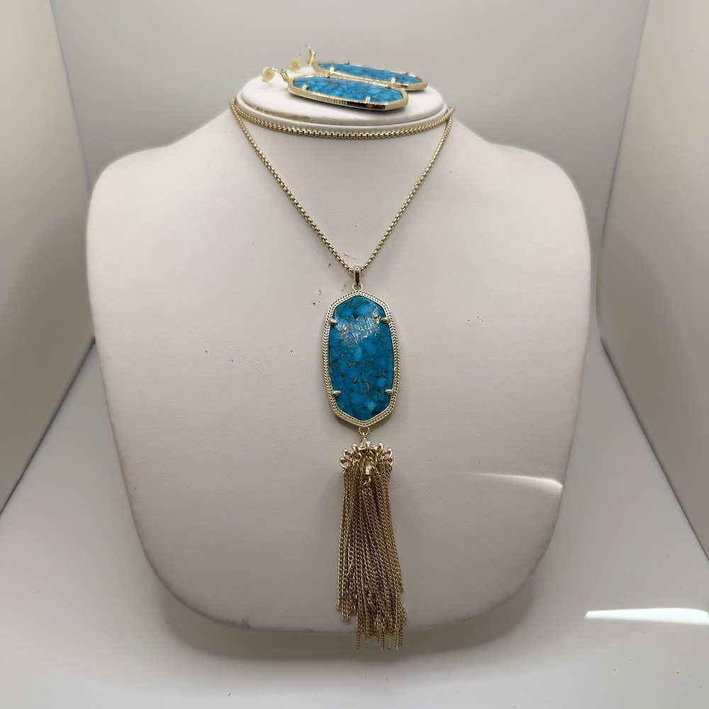Kendra Scott Rayne Tassel Necklace & Danielle Earrings Set Turquoise Gold Tone